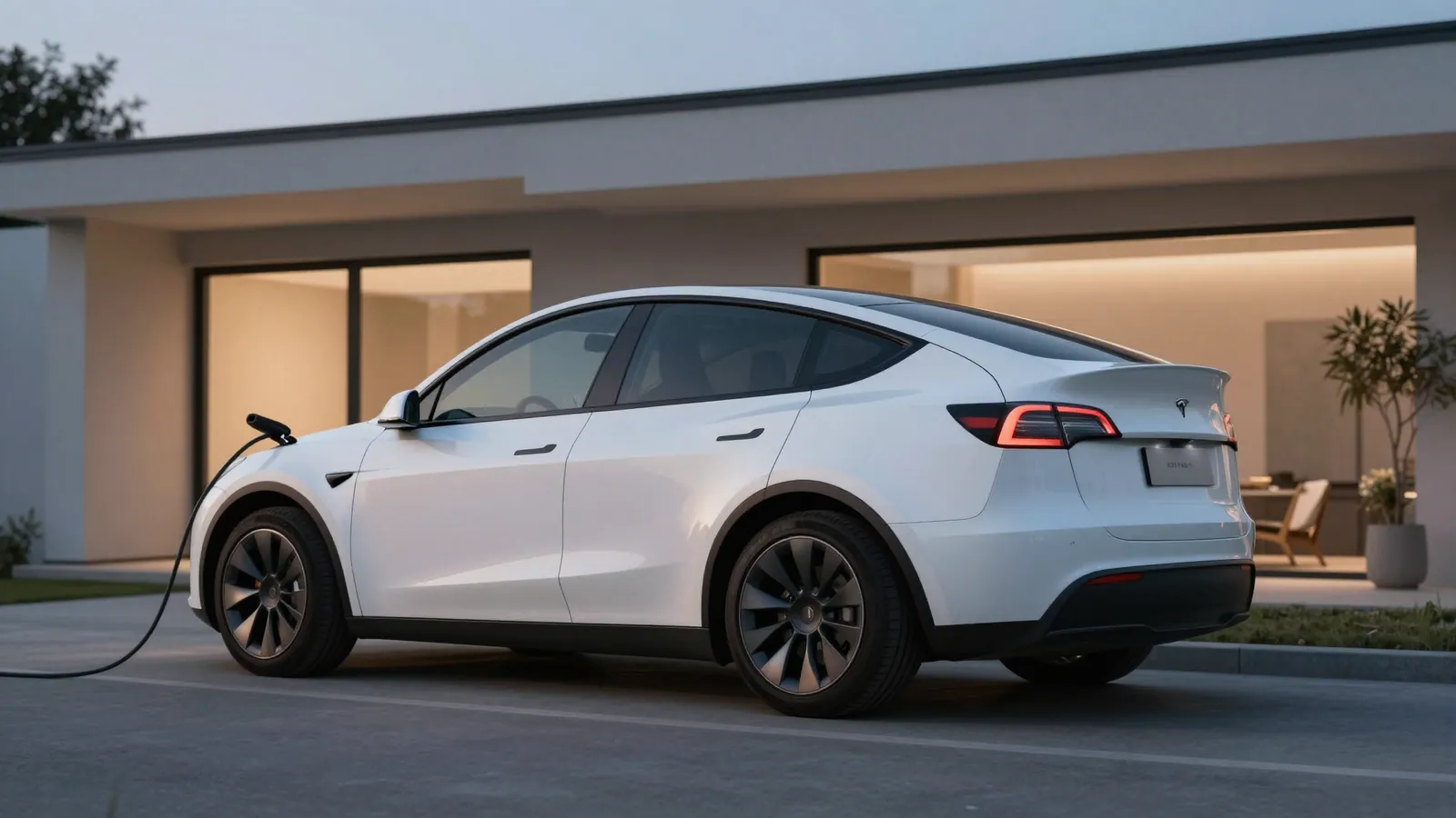 Tesla Model Y oplades i en moderne carport ved skumringstid