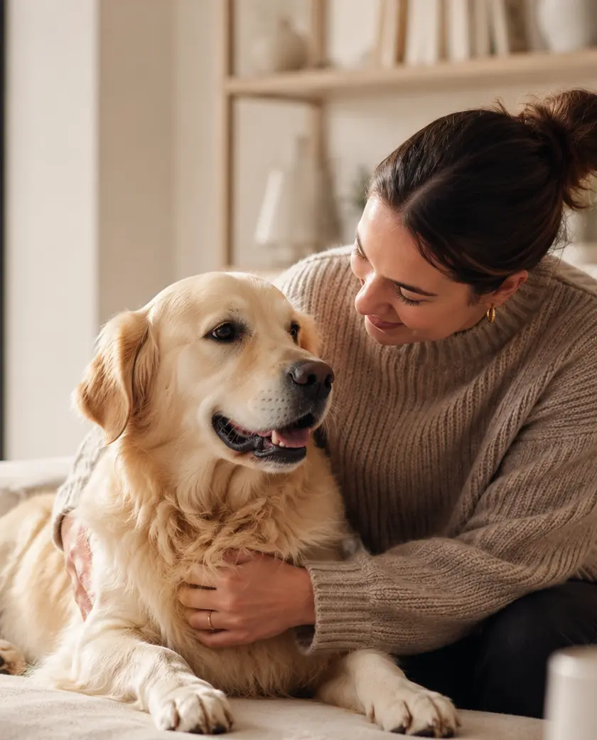 Foto: hund med ejer i hjemmet eller park