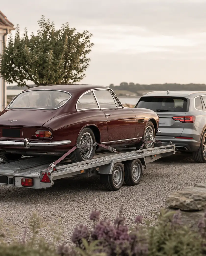 Foto: autotrailer med en klassiker bag bil
